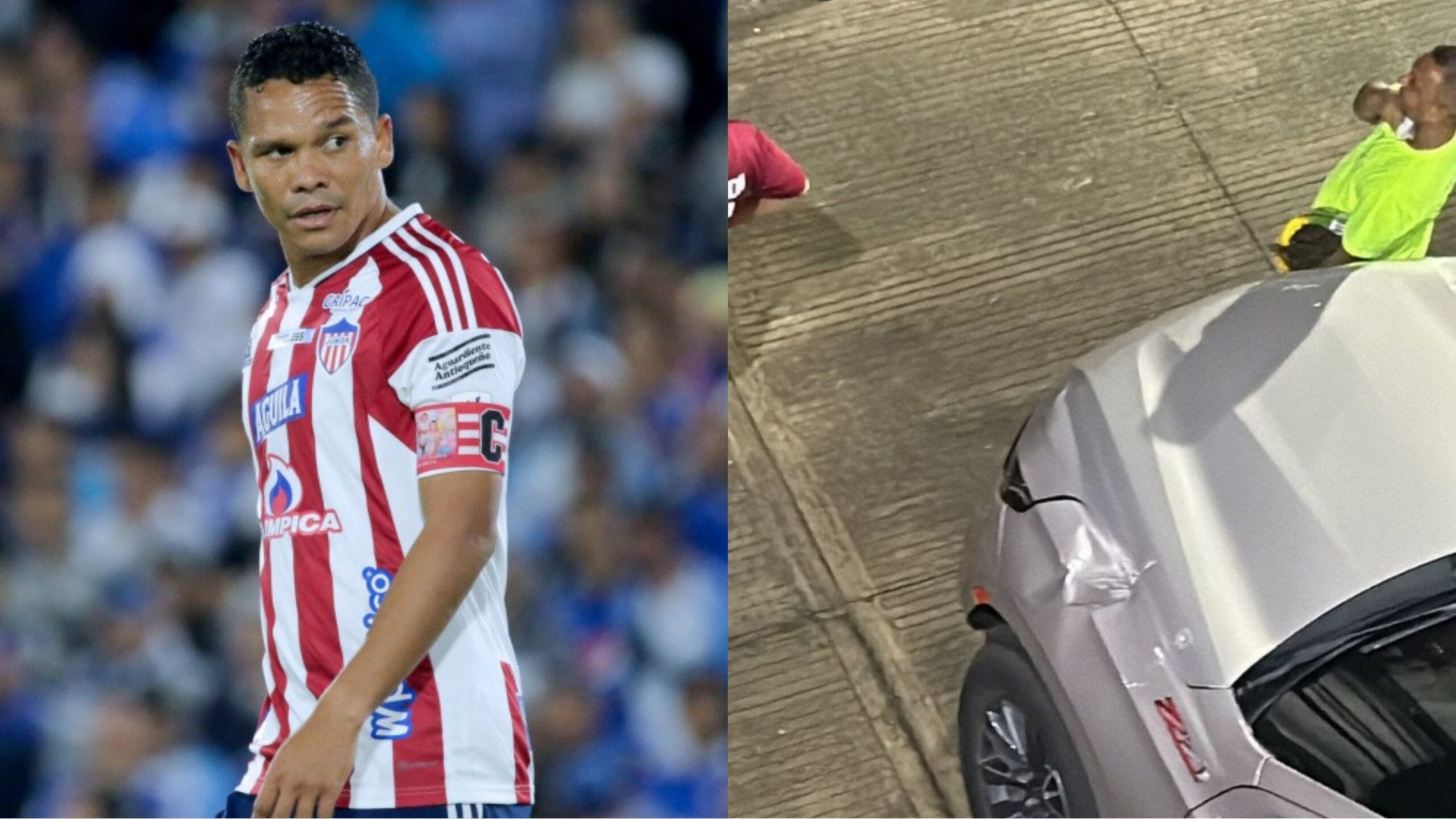 Carlos Bacca, delantero de Junior (izquierda), y su carro dañado por hinchas del club (derecha).