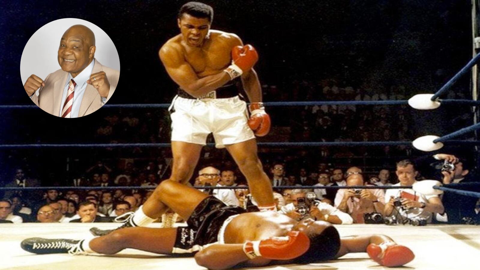 Foto de la pelea de Muhammad Ali contra George Foreman. A la izquierda, imagen en círculo de George Foreman en la actualidad.