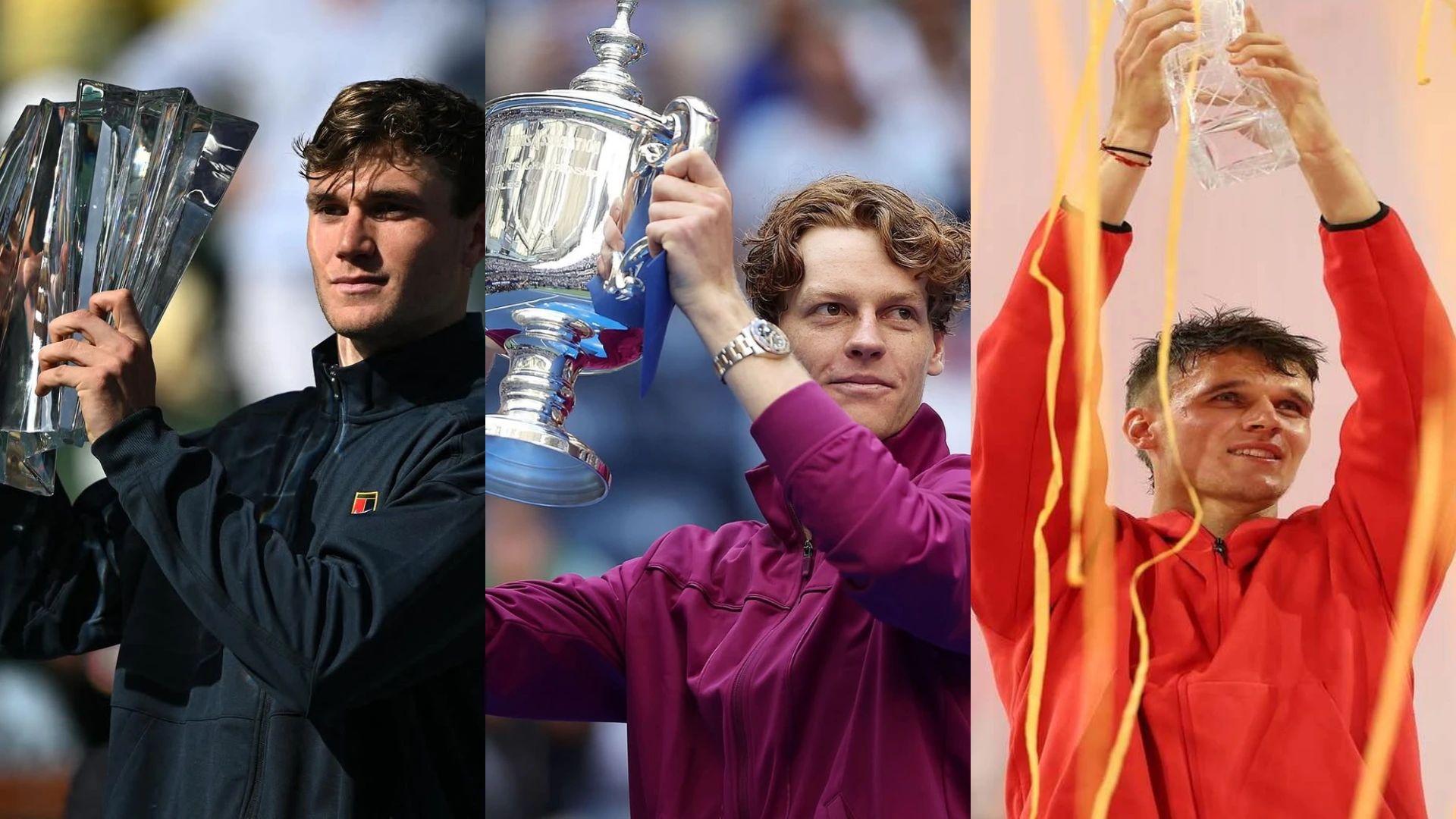 Jack Draper, Jannik Sinner y Jakub Menšík, jugadores de tenis.
