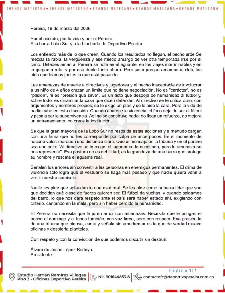 Imagen del comunicado del Deportivo Pereira acerca de las amenazas que sufrieron sus directivos.