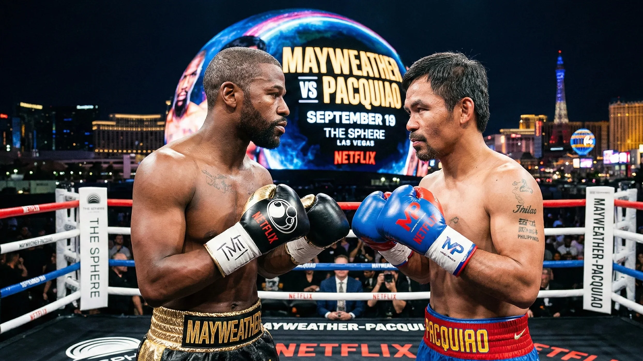 Así se acordó la pelea de Floyd Mayweather vs. Manny Pacquiao II, otro combate histórico que llegará a Netflix 15 Diseño gráfico de próximo combate de Floyd Mayweather y Manny Pacquiao.
