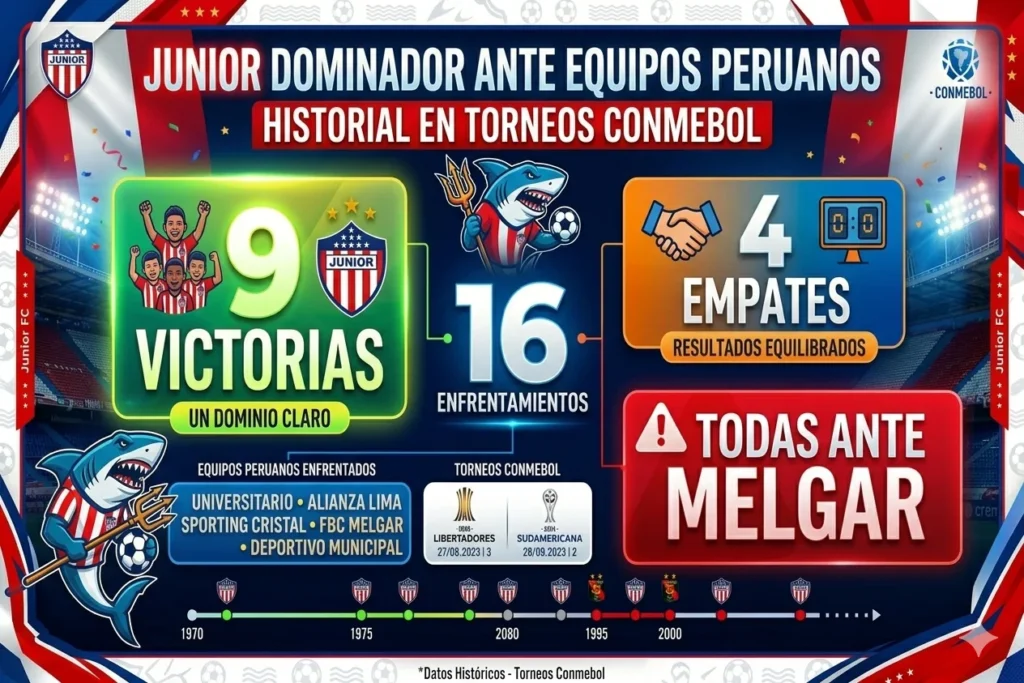 Diseño gráfico de datos de Junior enfrentando a clubes peruanos.