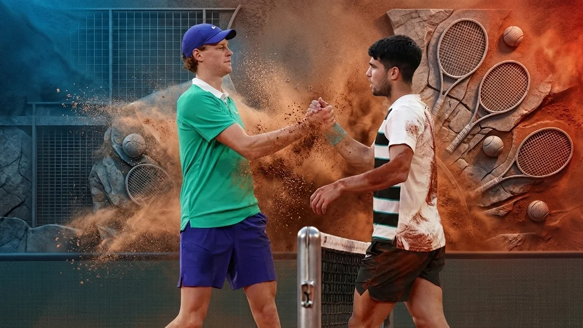 Diseño gráfico de los tenistas Jannik Sinner y Carlos Alcaraz.