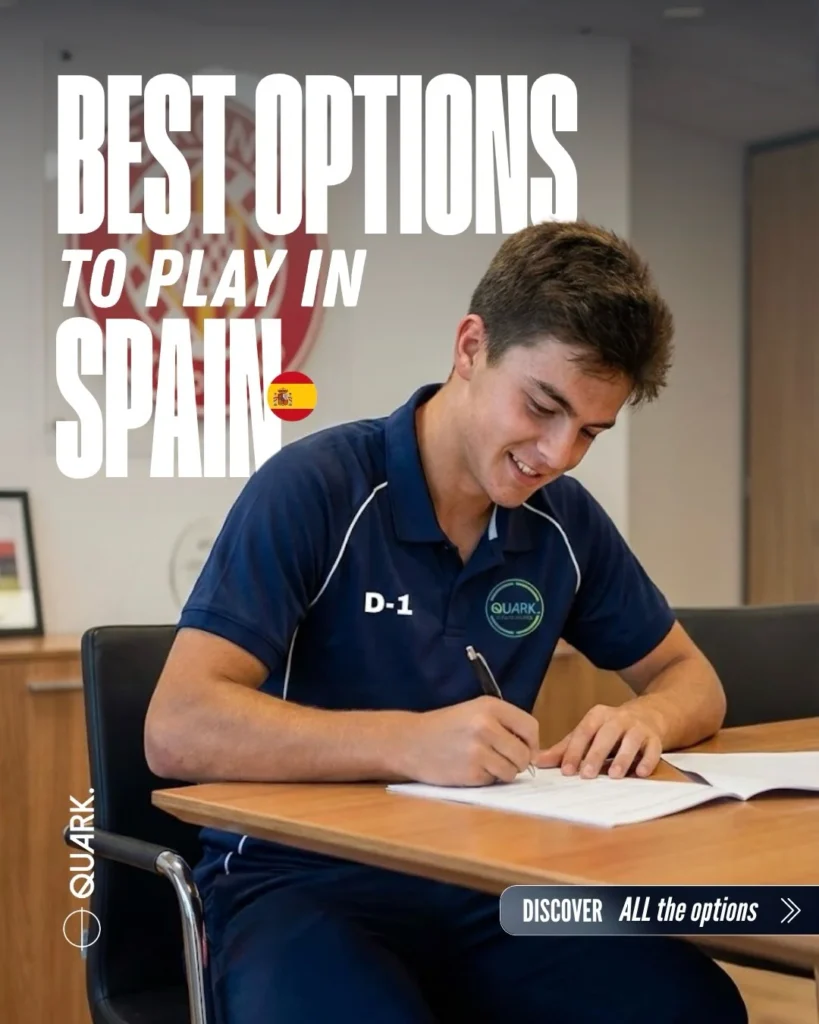 Anuncio del Quark Football Soccer Camp de la oportunidad para probarse en el fútbol español.