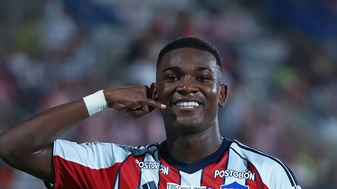 Fotografía de Joel Canchimbo, extremo de Junior, celebrando su gol contra Deportivo Pasto.