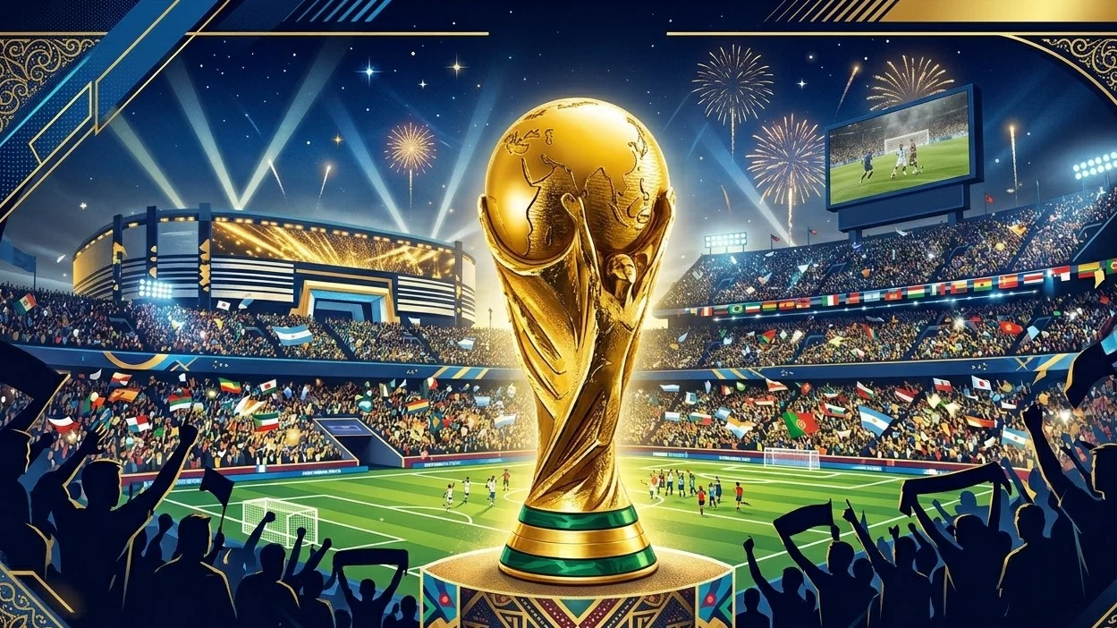 Diseño gráfico del trofeo del Mundial 2026 con un estadio animado de fondo.
