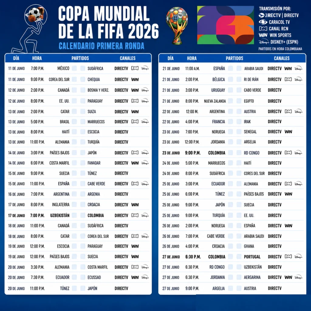 Diseño gráfico del calendario de la primera ronda del Mundial 2026. 