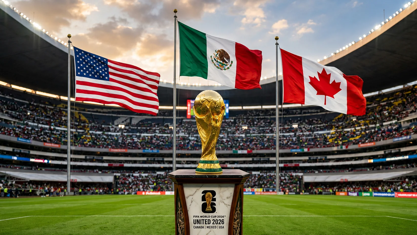 El planeta se rinde ante el balón: así se disputará la primera ronda del Mundial 2026 1 Diseño gráfico del trofeo del Mundial 2026 con las banderas de los países anfitriones.