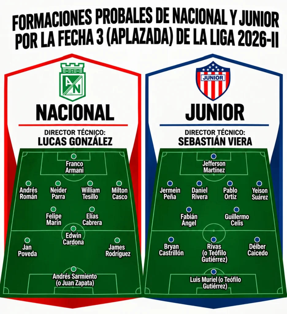 Diseño gráfico de las formaciones probables de Nacional y Junior por la Liga 2026-II.
