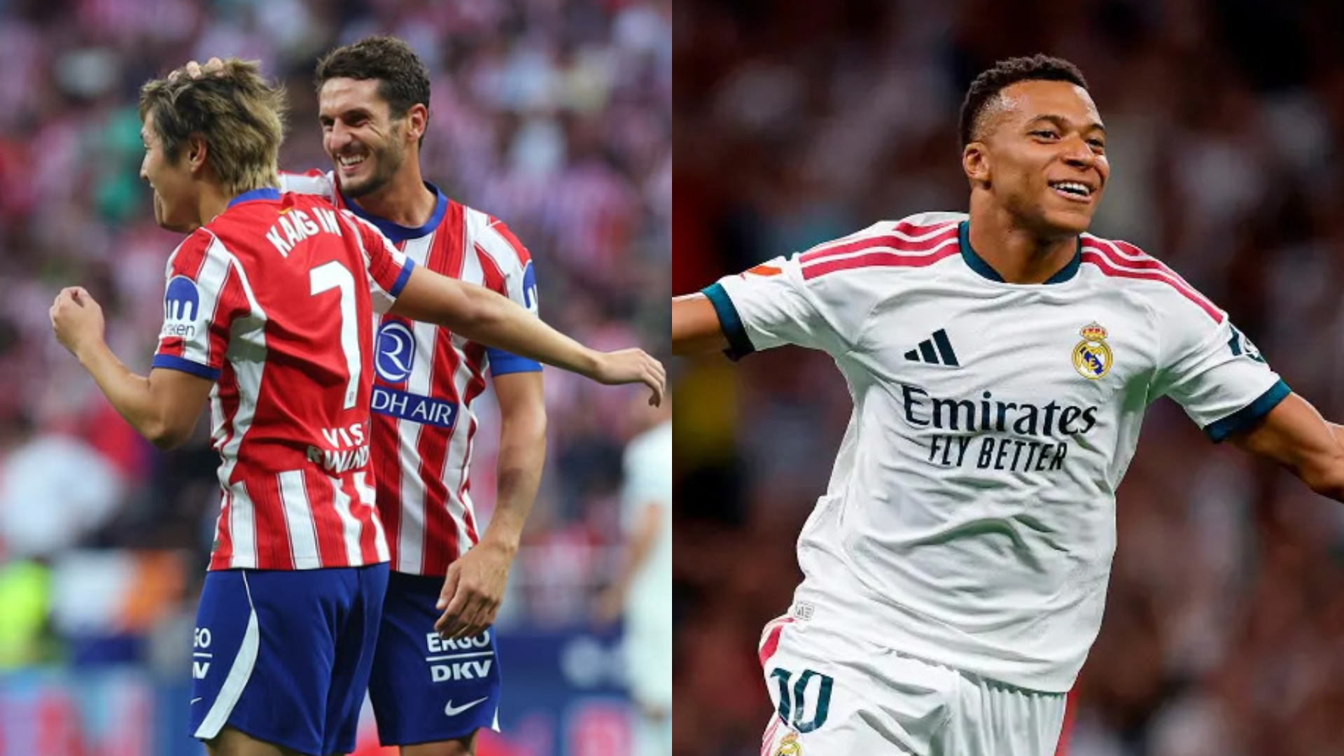 Mosaico de 'Koke' y Kylian Mbappé, referentes del Atlético Madrid y Real Madrid que cruzarán el domingo.