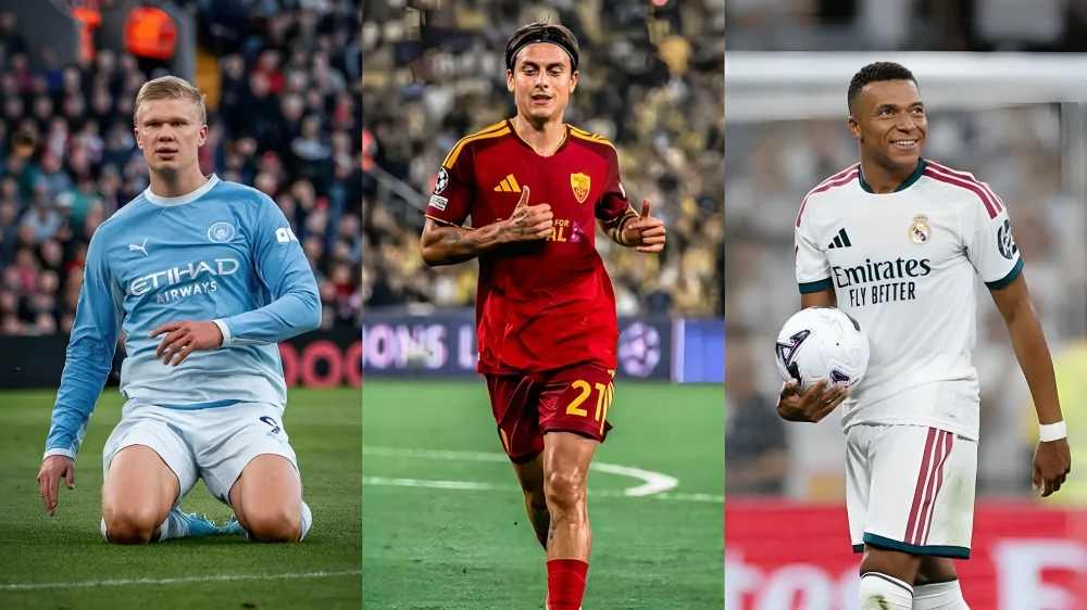 Mosaico de Erling Haaland, Paulo Dybala y Kylian Mbappé, jugadores que participarán en la nueva fecha de la Champions League.