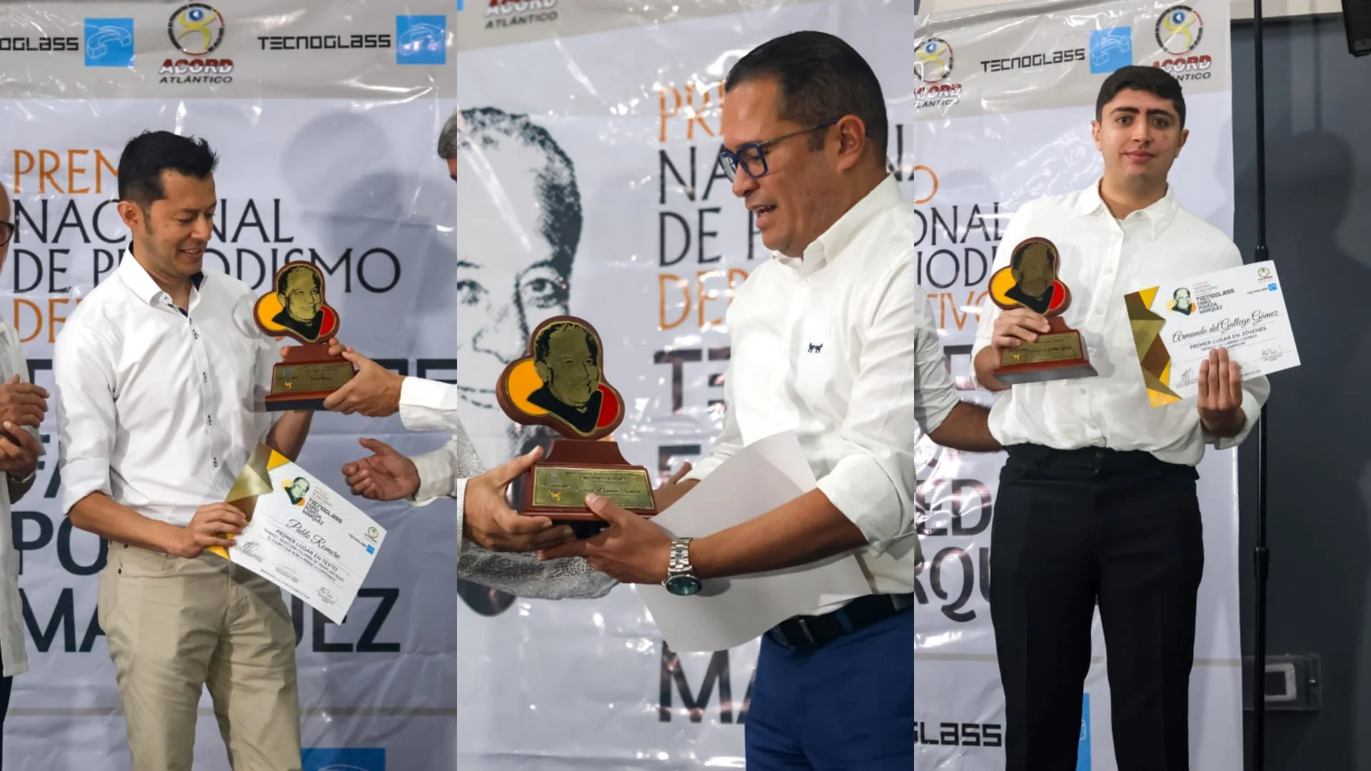 Las historias de fe y resiliencia de Pablo Romero, Eduardo Ahumada y Armando Del Gallego se coronan en el IV Premio Tecnoglass – Fabio Poveda Márquez 2 Mosaico de Pablo Romero, Eduardo Ahumada y Armando Del Gallego, ganadores en el IV Premio Nacional Tecnoglass – Fabio Poveda Márquez.